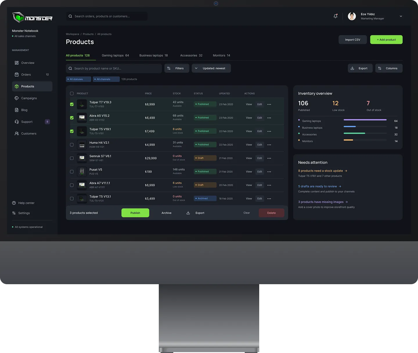 Monster Dashboard screen