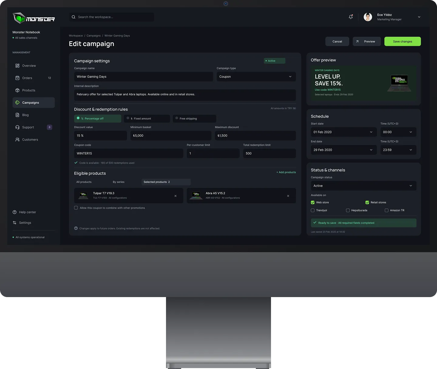 Monster Dashboard screen