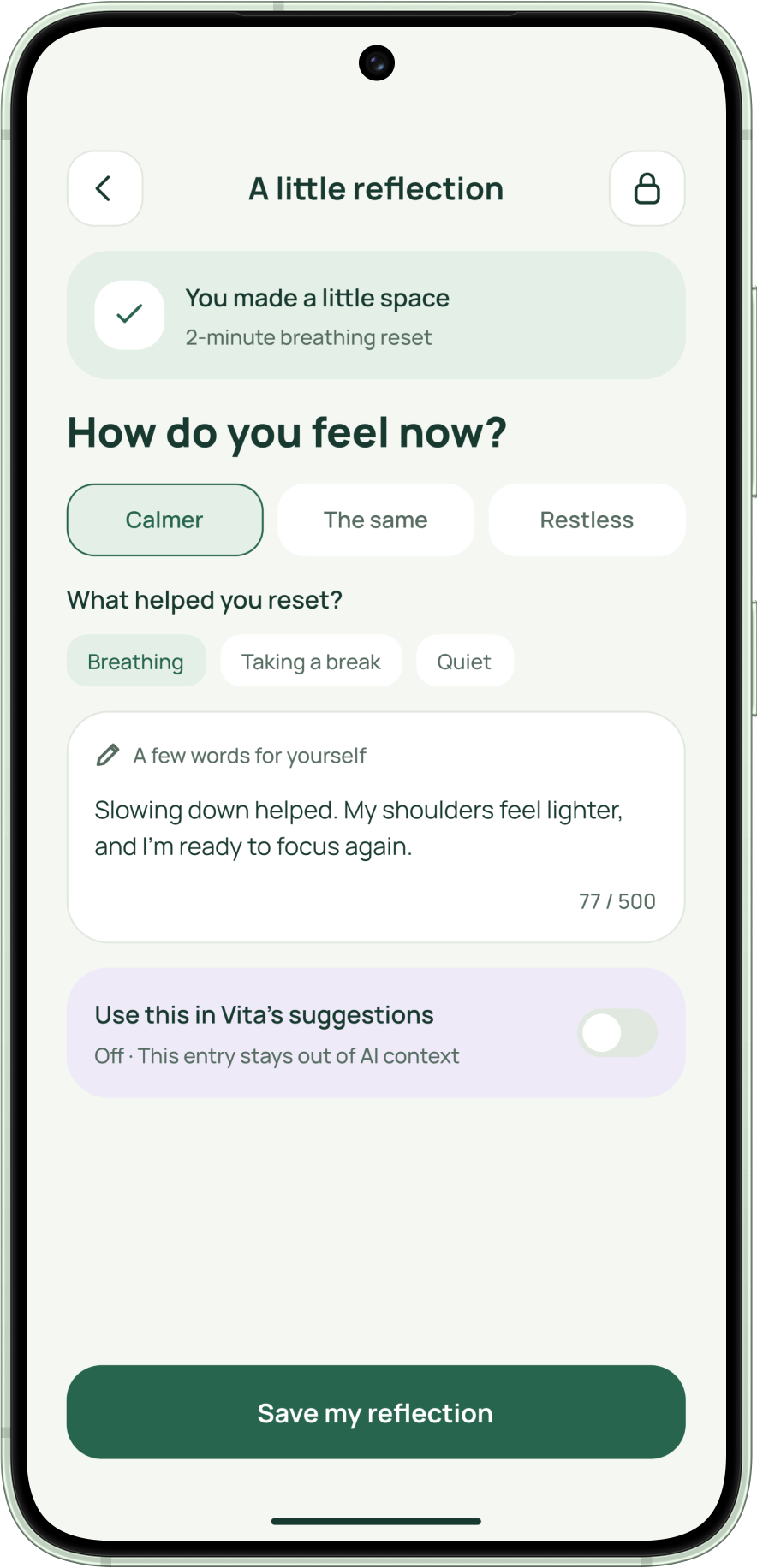 Vita — Mindful reflection. Record how you feel and choose whether to use it in suggestions.