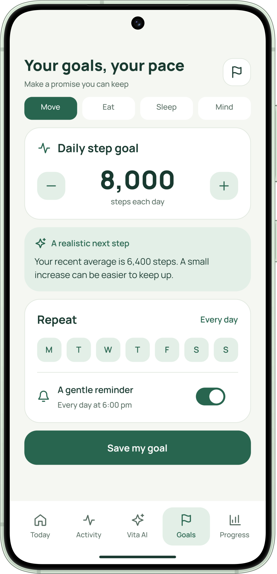 Vita — Edit a goal. Adjust a daily target, repetition and reminders.