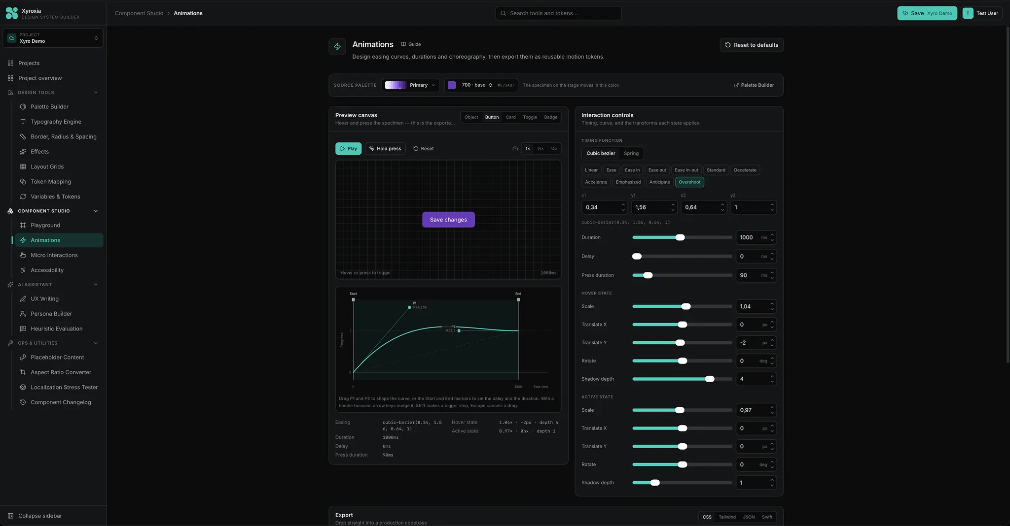 Xyroxia Animations — easing curves exported as motion tokens