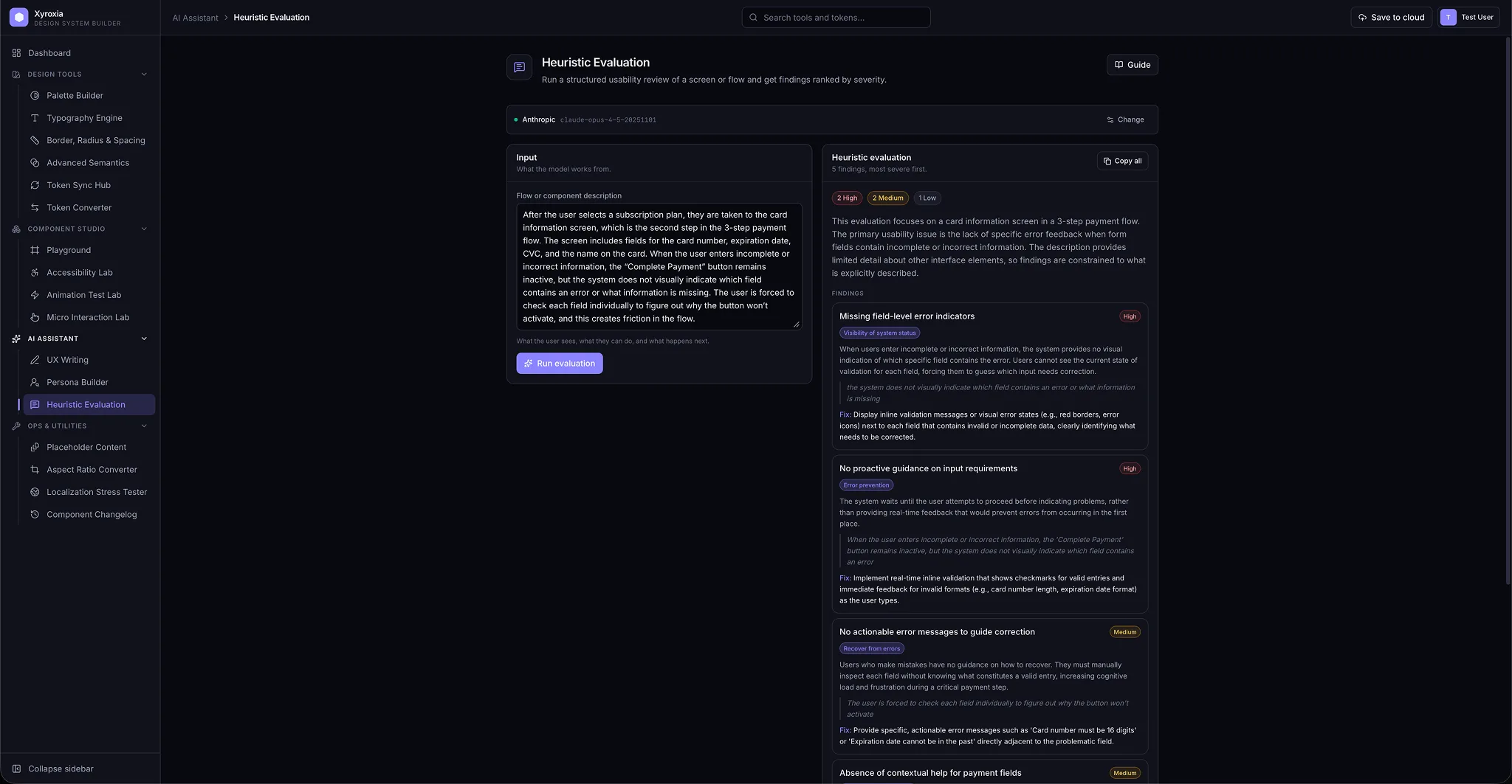 Xyroxia heuristic evaluation screen
