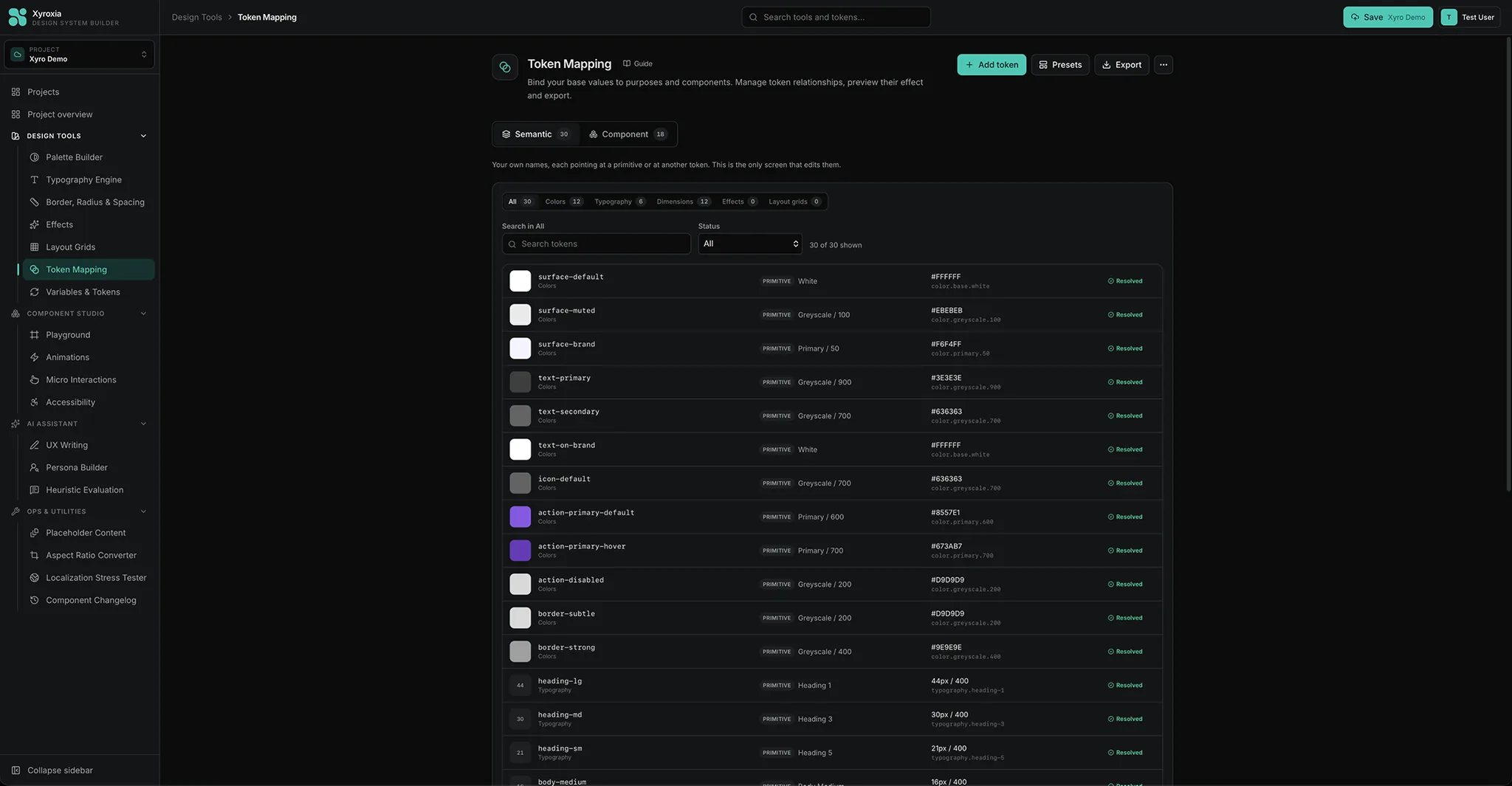 Xyroxia Token Mapping — semantic tokens bound to primitives